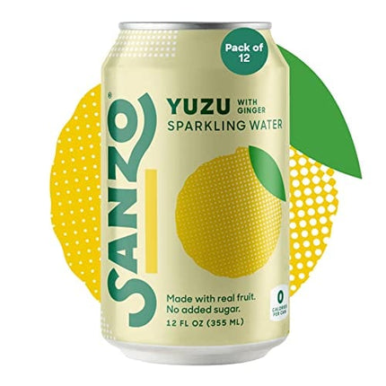 Sanzo Flavored Sparkling Water - Yuzu (Lemon) 12-Pack - Carbonated Drink Made with Real Fruit & Sugar-Free - Non-GMO, Gluten-Free & Vegan - 12 Fl Oz Cans - Pair With Ginger For Balanced Punch