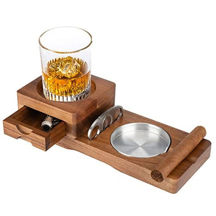 Scotte Cigar Ashtray Coaster Whiskey Glass Tray & Wooden Ash Tray with Cigar Cutter,Include Drawer and Cigar Slot Home Office Outdoor Ashtrays Great Cigar Accessories for Men