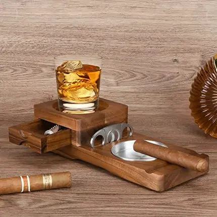 Scotte Cigar Ashtray Coaster Whiskey Glass Tray & Wooden Ash Tray with Cigar Cutter,Include Drawer and Cigar Slot Home Office Outdoor Ashtrays Great Cigar Accessories for Men
