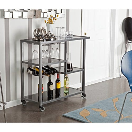 SEI Furniture Zephs Metal and Tempered Glass Locking Castor Wheels Bar Cart, Gunmetal, Black