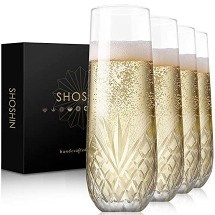 SHOSHIN Stemless Champagne Flutes, Hand Made, Set of 4, Toasting champagne glasses, Wedding Party Cocktail Cups, Wine Flute, Mimosa Glasses Set, Water Glasses, Highball Glass, 9.5oz