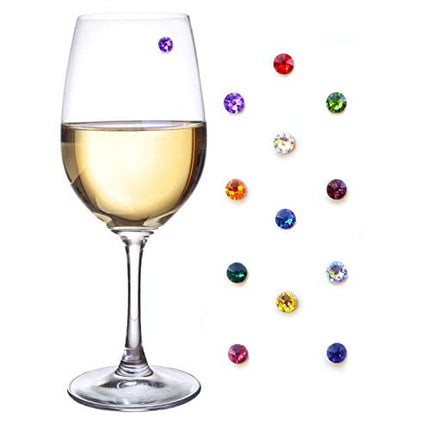 Crystal Magnetic Wine Glass Charms Set of 12 Glass Markers that Work on Stemless Glasses - Gift/Storage Box Included