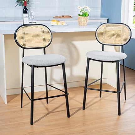 SIMTONAL 25'' Counter Height Bar Stools Set of 2 with Rattan Backrest for Kitchen Island, Grey
