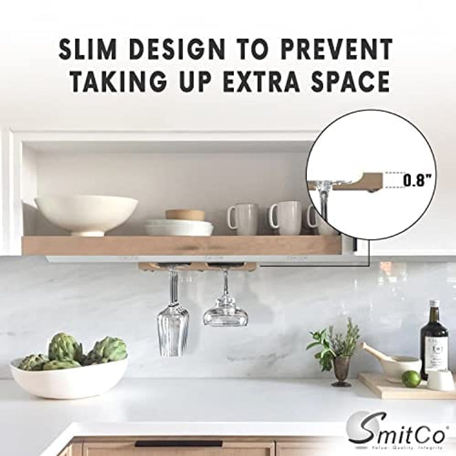 Wooden Wine Glass Holder for Under Cabinet | Under Shelf Kitchen Stemware Rack | Wood Holding Rack for Wine Glasses and Stemware | Stemware and Glassware Hanger and Organizer - Stores Up to 6 Glasses