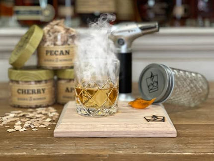 Smoke Board’s Old Fashioned Cocktail Smoker Kit With Torch - Whiskey/Bourbon Drink Infuser With Three Wood Chips, Smoker Kit Includes, Mixing Glass, Smoke Board, And Torch Lighter, USA Based Company