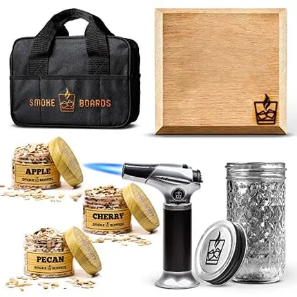 Smoke Board’s Old Fashioned Cocktail Smoker Kit With Torch - Whiskey/Bourbon Drink Infuser With Three Wood Chips, Smoker Kit Includes, Mixing Glass, Smoke Board, And Torch Lighter, USA Based Company