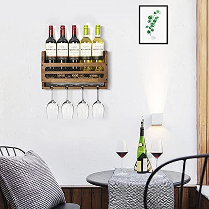 SODUKU Wall Mounted Wooden Wine Rack 5 Wine Bottles and 4 Stem Glasses Holder Wine Cork Storage Rack Walnut Brown