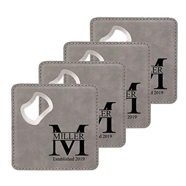 Personalized Bottle Opening Coaster Set, Custom Laser Engraved Coaster Sets (Gray)