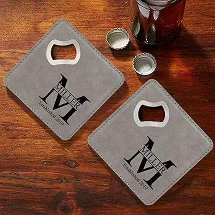 Personalized Bottle Opening Coaster Set, Custom Laser Engraved Coaster Sets (Gray)