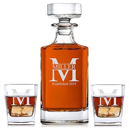 Personalized 3 piece Whiskey Decanter Set - Decanter and 2 Glasses Gift Set - Custom Engraved (Miller Design)