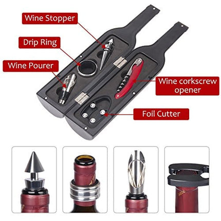 Wine Accessories Gift Set - 5 Pcs Deluxe Wine Corkscrew Opener Sets Bottle Shape in Elegant Gift Box, Great Wine Gifts Idea for Wine Lovers, Friends, Christmas, Anniversary