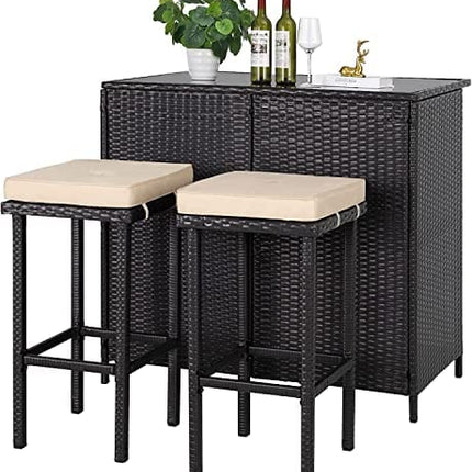 SOLAURA 3-Piece Outdoor Patio Bar Set Black Brown Wicker Bar Table Set Patio Furniture Set Outdoor Bar and Two Stools with Cushions for Backyards, Lawn, Garden, Deck, or Poolside