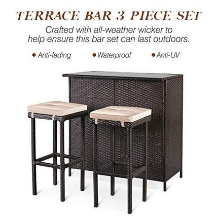 SOLAURA 3-Piece Outdoor Patio Bar Set Black Brown Wicker Bar Table Set Patio Furniture Set Outdoor Bar and Two Stools with Cushions for Backyards, Lawn, Garden, Deck, or Poolside