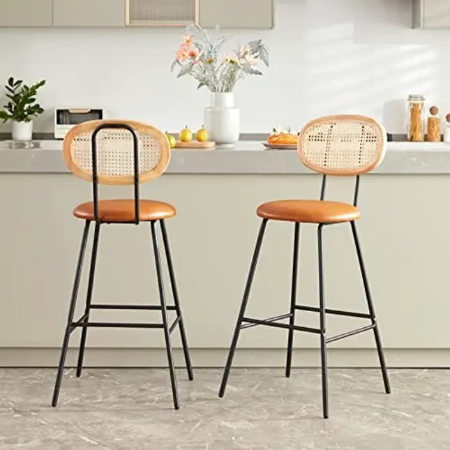 Bar Stools High Chair Bar Stools Set of 2, Modern Industrial Faux Leather Dining Chairs Barstools Tall Mid Century Bar Stools with Back Barstools Rattan Counter Stool Boho Chairs Whiskey Brown,30"