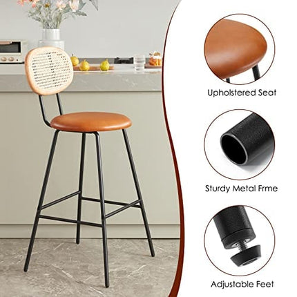 Bar Stools High Chair Bar Stools Set of 2, Modern Industrial Faux Leather Dining Chairs Barstools Tall Mid Century Bar Stools with Back Barstools Rattan Counter Stool Boho Chairs Whiskey Brown,30"