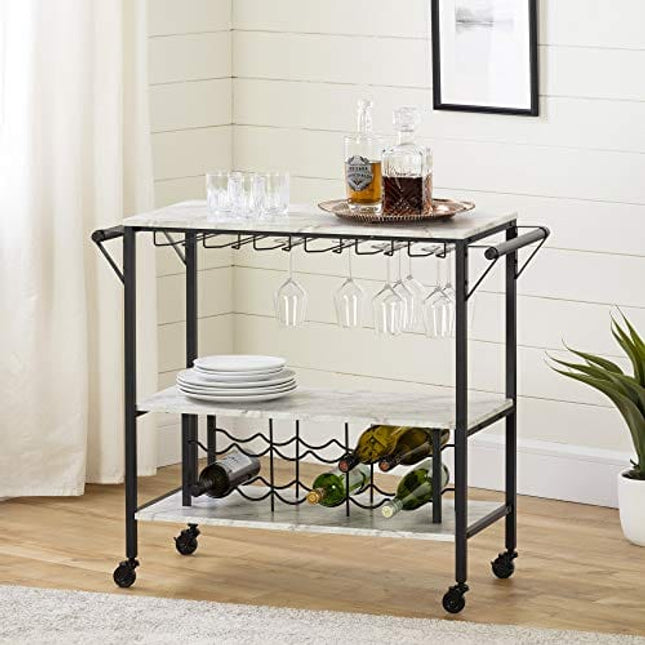 South Shore Maliza Bar Cart Bottle Storage and Wine Glass Rack-Faux Marble and Black