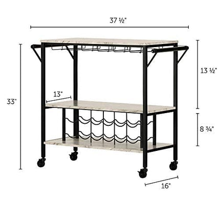 South Shore Maliza Bar Cart Bottle Storage and Wine Glass Rack-Faux Marble and Black