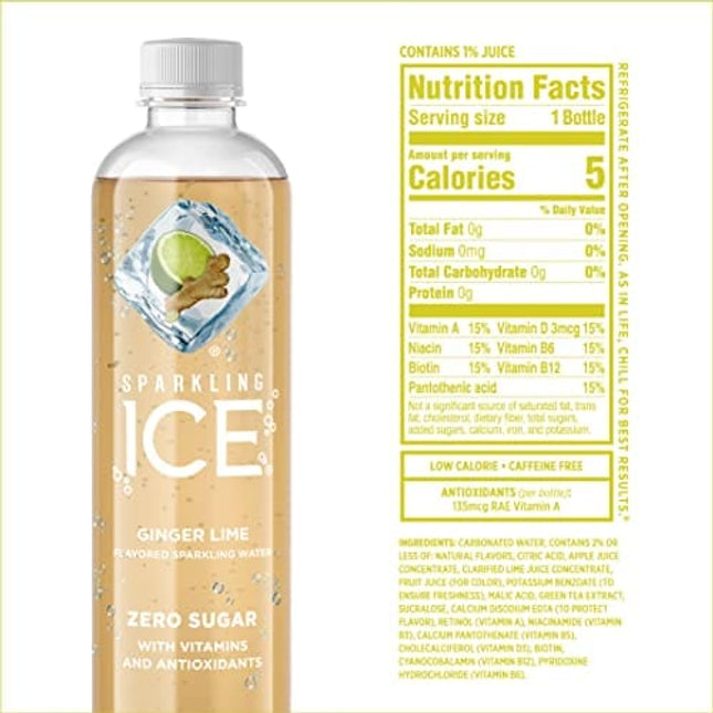 Sparkling Ice, Ginger Lime Sparkling Water, Zero Sugar Flavored Water, with Vitamins and Antioxidants, Low Calorie Beverage, 17 fl oz Bottles (Pack of 12)