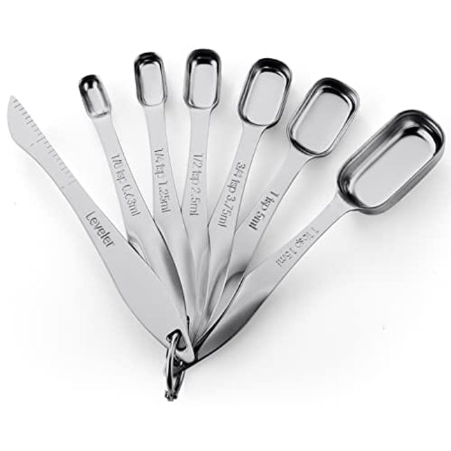 Spring Chef Heavy Duty Stainless Steel Metal Measuring Spoons for Dry or Liquid, Fits in Spice Jar, Set of 7 Including Leveler