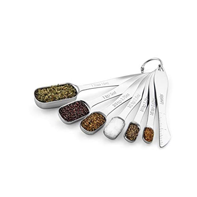 Spring Chef Heavy Duty Stainless Steel Metal Measuring Spoons for Dry or Liquid, Fits in Spice Jar, Set of 7 Including Leveler