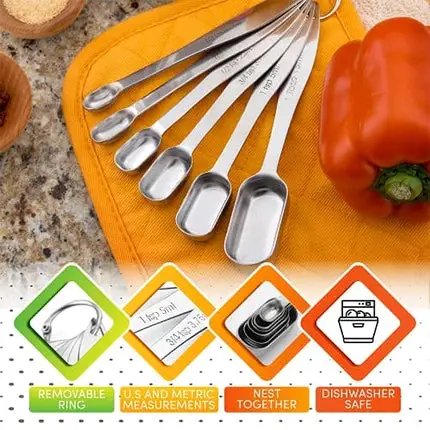 Spring Chef Heavy Duty Stainless Steel Metal Measuring Spoons for Dry or Liquid, Fits in Spice Jar, Set of 7 Including Leveler