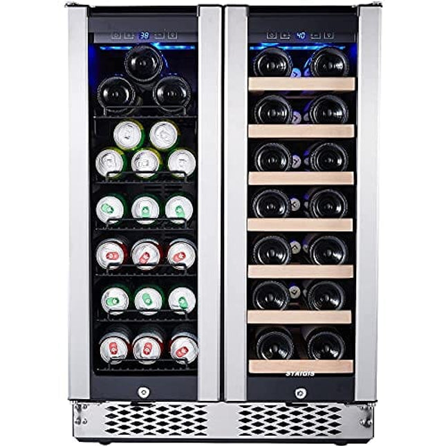STAIGIS Wine Fridge, 24 inch Wine and Beverage Refrigerator Under Counter, Dual Zone w/ 60 Cans and 20 Bottles Capacity, Digital Touch Control