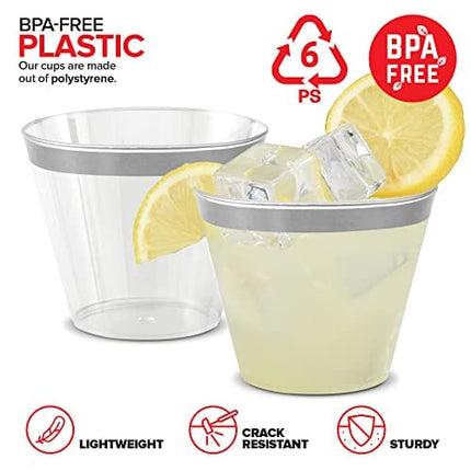 Stock Your Home 9 oz Silver-Rim Disposable Plastic Cups (100 Pack) Elegant Tumblers Glasses for Parties, Weddings, Holidays, Dessert Tumbler, Bulk Drinking Cup for Fruit Punch, Cocktails, Wine