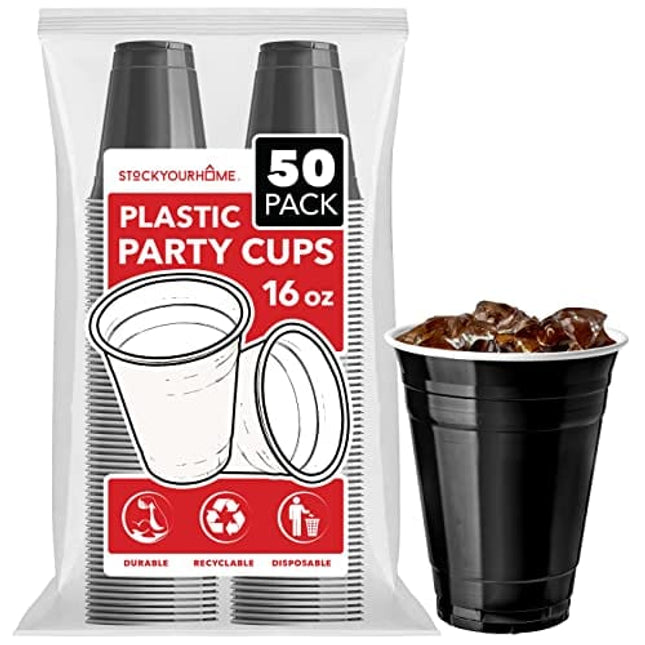 Stock Your Home Black Plastic Cups Disposable, 16oz (50 Count) Heavy-Duty, Large Party Cup Pack Bulk Pack for Drinking Punch, Soda, Wine, Beer, 4th of July, Halloween