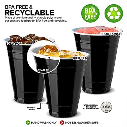 Stock Your Home Black Plastic Cups Disposable, 16oz (50 Count) Heavy-Duty, Large Party Cup Pack Bulk Pack for Drinking Punch, Soda, Wine, Beer, 4th of July, Halloween