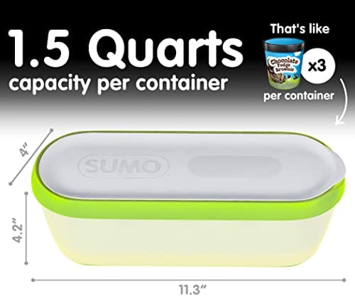 Sumo Ice Cream Containers: Insulated Ice Cream Tub for Homemade Ice-Cream, Gelato or Sorbet - Dishwasher Safe - 1.5 Quart Capacity [Green, 2-Pack]
