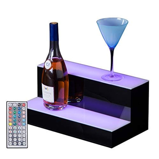 SUNCOO LED Lighted Liquor Bottle Display 16 Inch 2 Step Illuminated Bar Bottle Shelf 2 Tier Cimmercial Home Bar Bottle Display Drinks Lighting Shelves Home Bar Lighting with Remote Control
