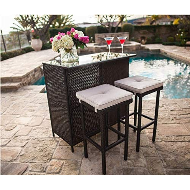 SUNCROWN Outdoor Bar Set 3-Piece Brown Wicker Patio Furniture - Glass Bar and Two Stools with Cushions for Patios, Backyards, Porches, Gardens or Poolside