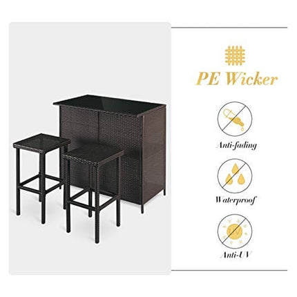 SUNCROWN Outdoor Bar Set 3-Piece Brown Wicker Patio Furniture - Glass Bar and Two Stools with Cushions for Patios, Backyards, Porches, Gardens or Poolside