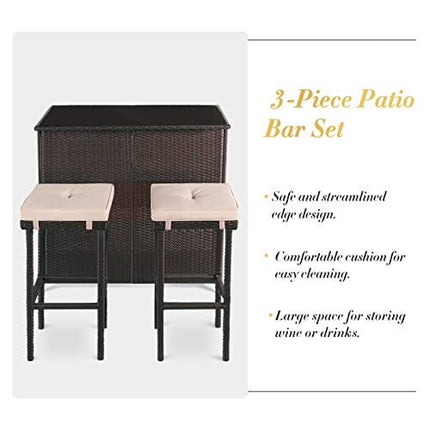 SUNCROWN Outdoor Bar Set 3-Piece Brown Wicker Patio Furniture - Glass Bar and Two Stools with Cushions for Patios, Backyards, Porches, Gardens or Poolside