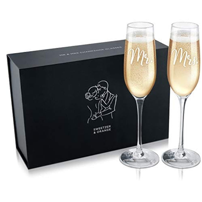 Sweetzer & Orange Bride and Groom Champagne Glasses (8 oz) Engraved Mr and Mrs Glasses for Wedding Glasses and Toasting Flutes, Bridal Shower Gifts, Engagement Gift. Boxed Mr and Mrs Gifts