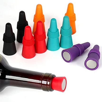 SZUAH Wine Bottle Stopper (Set of 10), Silicone Reusable Wine and Beverage Bottle Stopper with Grip Top, Assorted Color.(Red, Blue, Orange, Purple, Black )