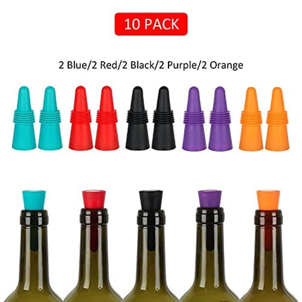 SZUAH Wine Bottle Stopper (Set of 10), Silicone Reusable Wine and Beverage Bottle Stopper with Grip Top, Assorted Color.(Red, Blue, Orange, Purple, Black )