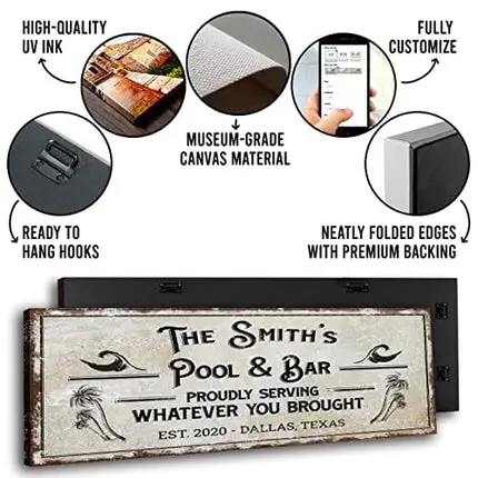 TAILORED CANVASES Bar Sign Custom Decor - Pool and Bar Proudly Serving Whatever You Brought - Canvas Wall Art Printable Personalized for Man Cave, Kitchen, Pub & Diner - Rustic Dirty White, 48x16in