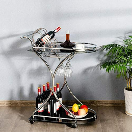 Tangkula Rolling Bar Cart, Glass Serving Cart with Metal Frame and 2 Tempered Glass Shelves, Tea/Wine Serving Bar Cart with 4 Wheels, Ideal for Kitchen, Hotel or Restaurant (Silver & Black)
