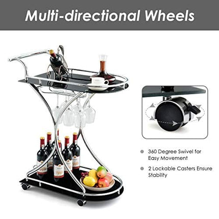 Tangkula Rolling Bar Cart, Glass Serving Cart with Metal Frame and 2 Tempered Glass Shelves, Tea/Wine Serving Bar Cart with 4 Wheels, Ideal for Kitchen, Hotel or Restaurant (Silver & Black)