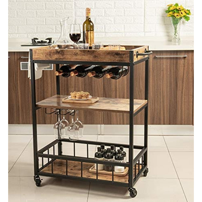 Tayene Bar Serving Cart Home Myra Rustic Mobile Kitchen Serving cart,Industrial Vintage Style Wood Metal Serving Trolley (Rustic Brown-A)