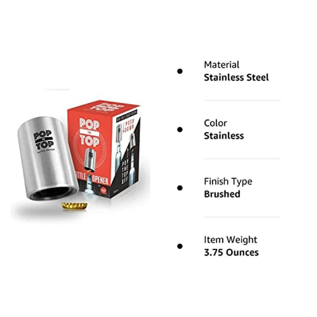 Pop-the-Top Beer Bottle Opener (Stainless): Automatic Bottle Cap Opener, Push Down Pop Off Bar Tool, Soda and Beer Cap Remover, Cool & Fun Gadget