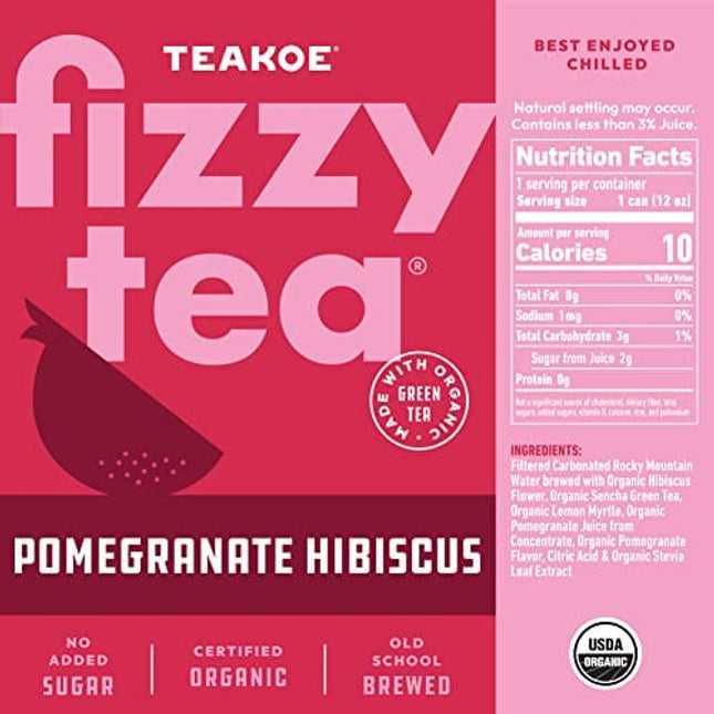 TEAKOE Fizzy Tea | Pomegranate Hibiscus Organic Green Tea | Pomegranate Juice, Hibiscus | Vegan Tea Energy | No Added Sugar, Brewed Iced Tea | 10 Calories, 2g Sugar, 30mg Caffeine (12/12 fl oz Cans)