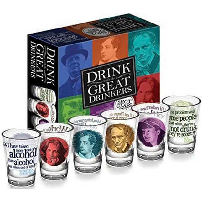 The Unemployed Philosophers Guild Great Drinkers Shot Glasses, Red/Blue/Yellow/Purple/Green/Grey (6-Piece)