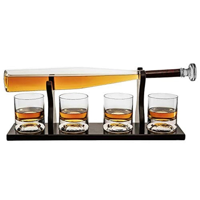 Baseball Bat Whiskey & Wine Decanter 4 Baseball Glasses, Spirits Set - Baseball Coach Gifts, Baseballs Lovers Coaches, Dad, Boyfriend, Brother, Friend Gift - For Whiskey & Wine (Standard Base)