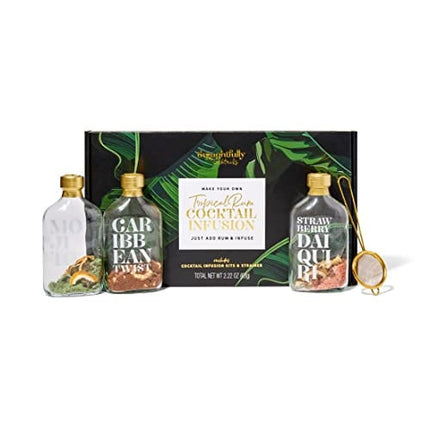 Thoughtfully Cocktails, Make Your Own Rum Infusion Cocktail Gift Set, Includes Mojito, Strawberry Daiquiri and Caribbean Rum Infusion Flavors in Glass Bottles, Set of 3 (Includes NO Alcohol)