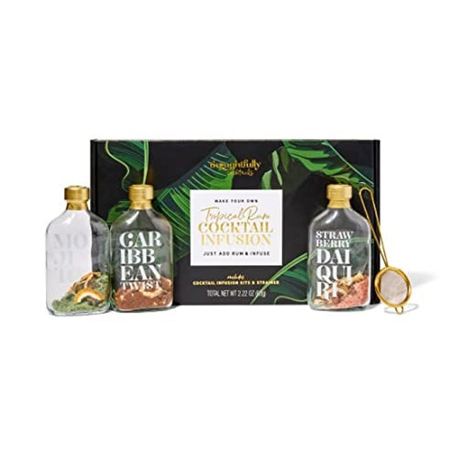 Thoughtfully Cocktails, Make Your Own Rum Infusion Cocktail Gift Set, Includes Mojito, Strawberry Daiquiri and Caribbean Rum Infusion Flavors in Glass Bottles, Set of 3 (Includes NO Alcohol)