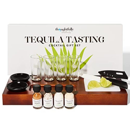 Thoughtfully Cocktails, Tequila Tasting Gift Set, Includes Wooden Flight Board, Knife, 4 Shot Glasses, 4 Flavored Salts & More (Contains NO Alcohol)