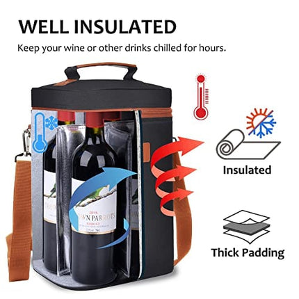 Tirrinia 4 Bottle Wine Gift carrier - Insulated Padded Portable Versatile Wine Carrying Cooler Tote Bag for Travel, BYOB Restaurant, Wine Tasting, Party, Great Gift for Wine Lover, Black