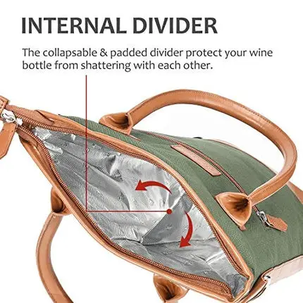 Tirrinia Insulated Wine Gift carrier Tote - Travel Padded 2 Bottle Wine/Champagne Cooler Bag with Handle and Adjustable Shoulder Strap, Great Wine Lover Gift, Olive